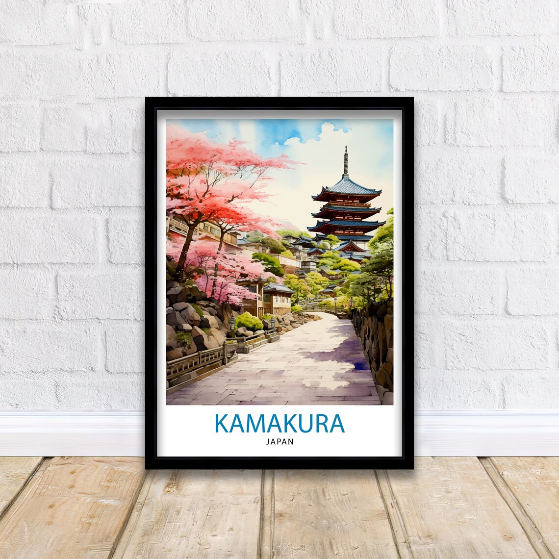 Kamakura Japan Stone Pagoda Cherry Blossom Lane Watercolor Poster - Image 2
