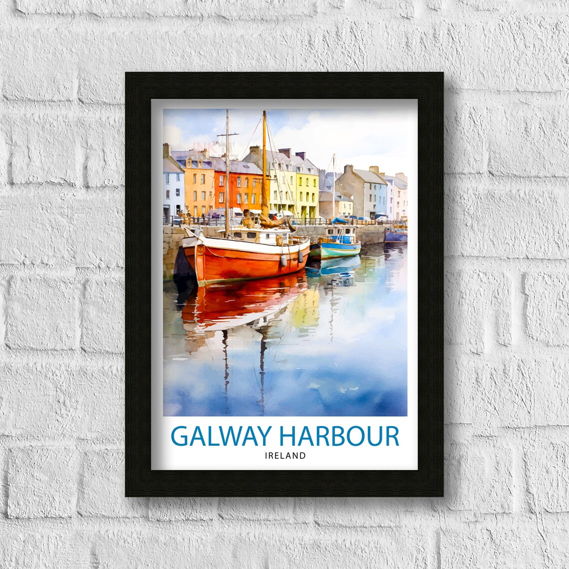 Galway Harbour Ireland Colorful Quay Boats Watercolor Travel Poster - Image 3