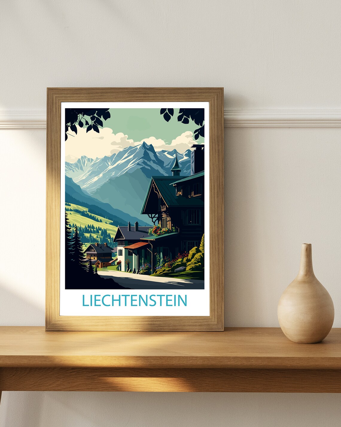 Liechtenstein Alpine Village Chalets Snow Peaks Travel Poster - Image 3