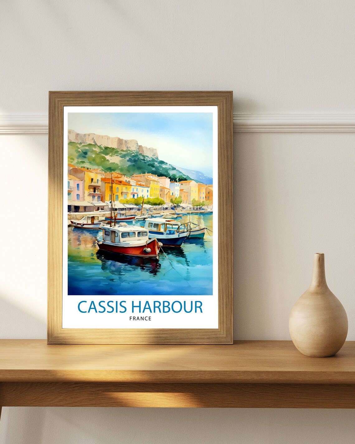 Cassis Harbour Watercolor Fishing Boats Clifftop France Poster - Image 3