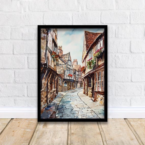 Shambles York Watercolor Art Print, Medieval England