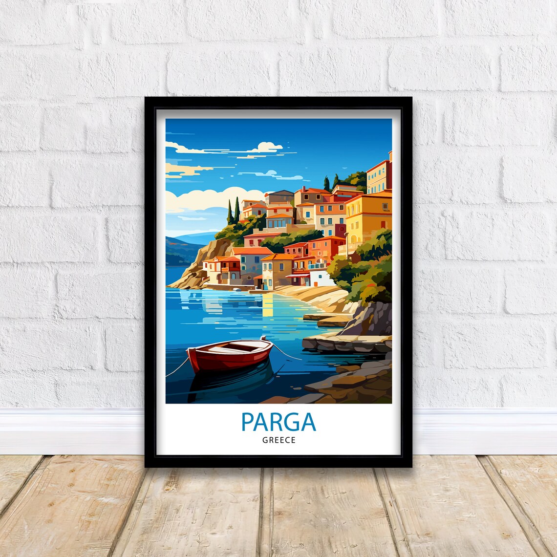 Parga Greece Colorful Harbor Town Hillside Red Boat Travel Poster - Image 2