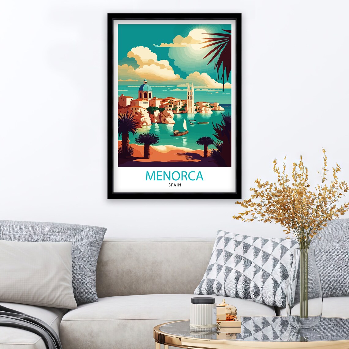 Menorca Spain Harbor Town Church Palms Turquoise Bay Scene Poster - Image 2