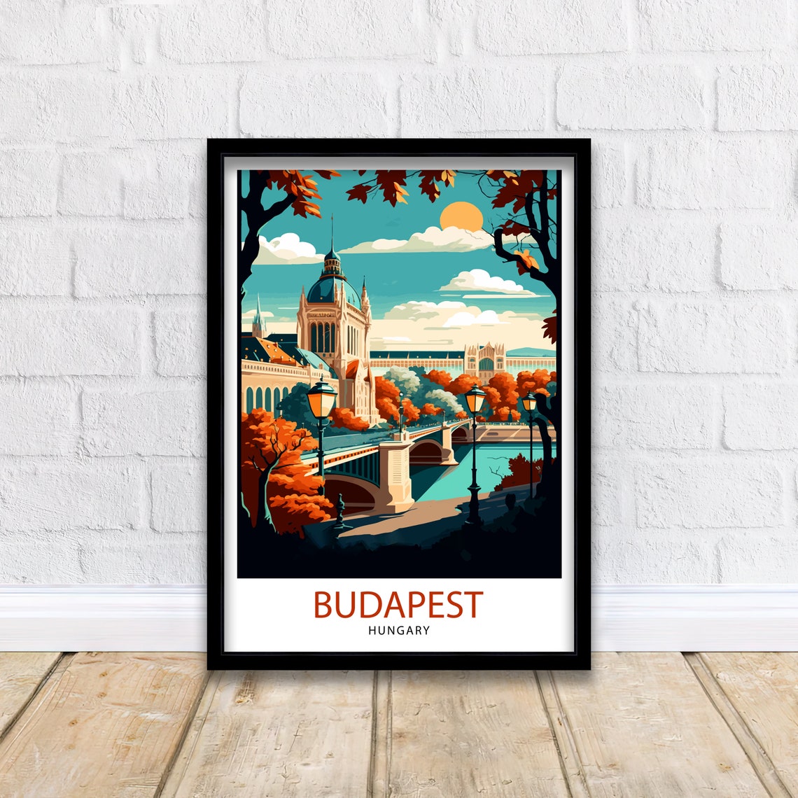 Budapest Hungary Danube Bridge Autumn Evening City Travel Poster - Image 2