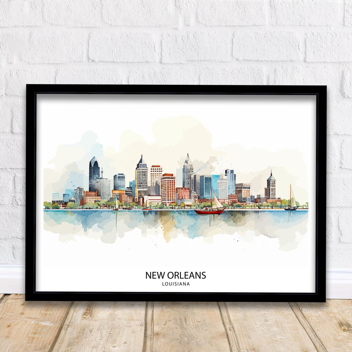 New Orleans Louisiana Watercolor Skyline River Sailboats Wide Poster