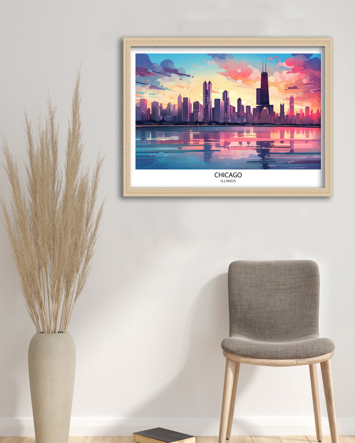 Chicago Illinois Skyline Sunset Lake Michigan Vintage Travel Poster - Image 2