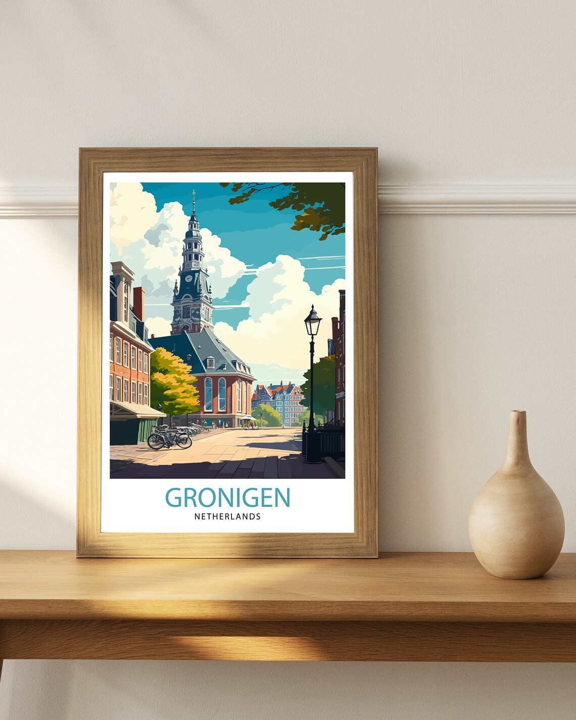 Groningen Netherlands Church Tower Square Bicycle Travel Poster - Image 2