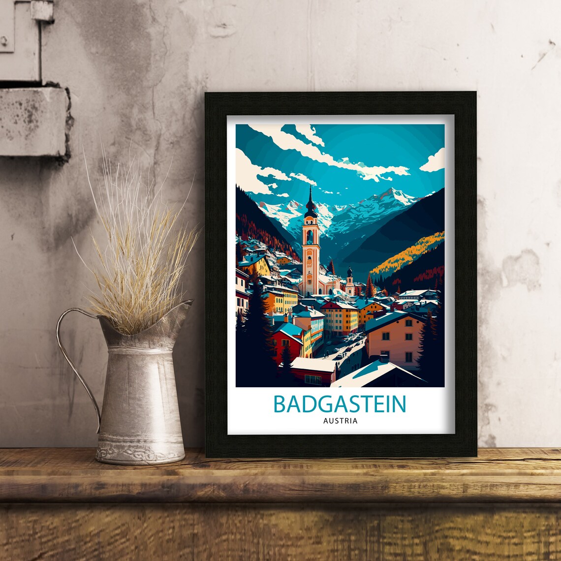 Badgastein Austria Alpine Church Town Snowy Peaks Travel Poster - Image 3