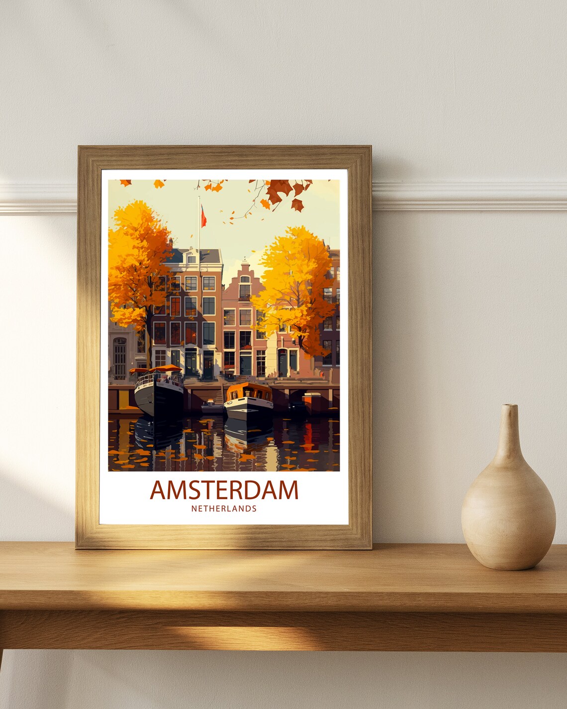 Amsterdam Netherlands Canal Houses Golden Autumn Boats Poster - Image 2
