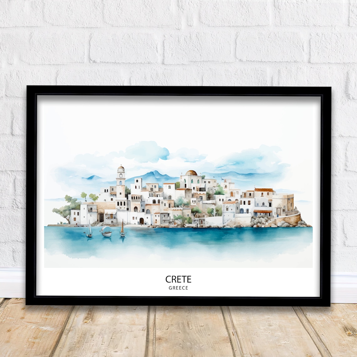 Crete Greece Whitewashed Coastal Town Mediterranean Watercolor Travel Poster