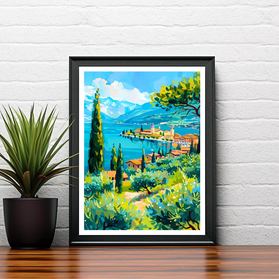 Lake Garda Italy Travel Print Blue Water Cypress Hillside View Art - Image 2