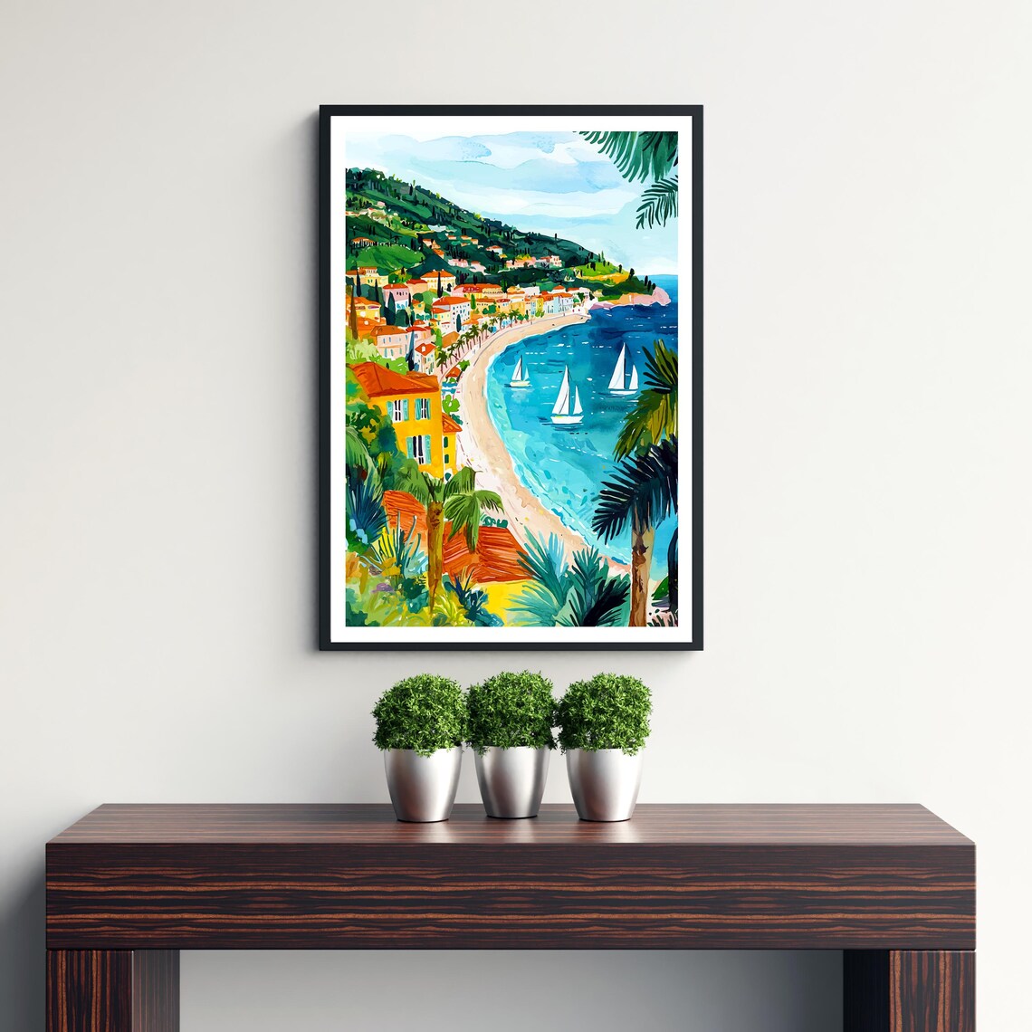 Nice France Riviera Beach Bay Sailboats Palm Trees View Poster - Image 3