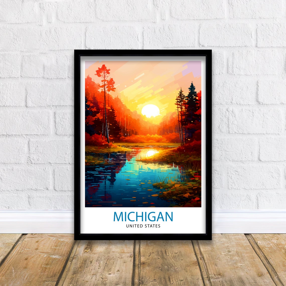 Michigan Sunset Lake Autumn Forest Reflection Landscape Poster