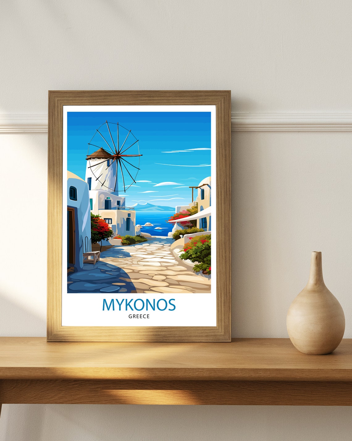 Mykonos Greece White Windmill Aegean Sea Illustrated Travel Poster - Image 2