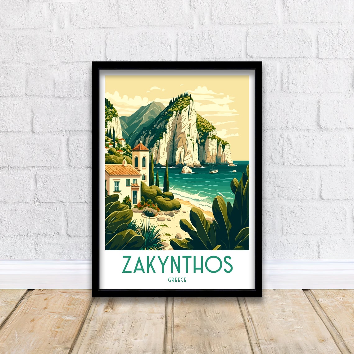 Zakynthos Greece White Cliffs Sea Cove Church Art Travel Poster - Image 2