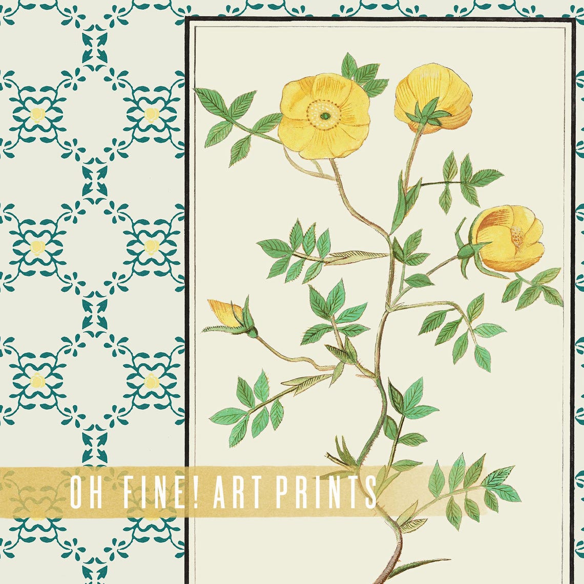 Vintage Yellow Rose Botanical Illustration Green Striped Print - Image 2