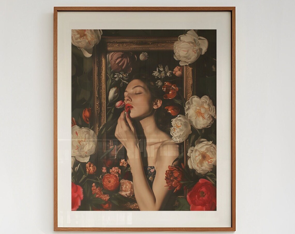 Woman Applying Lipstick Among Florals Moody Vintage Art Poster - Image 2