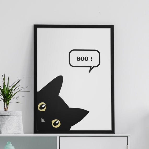 Black Cat Halloween Wall Art Cute Spooky Boo Print Talking Poster Funny Gothic Holiday Decor Framed Or Unframed Artwork