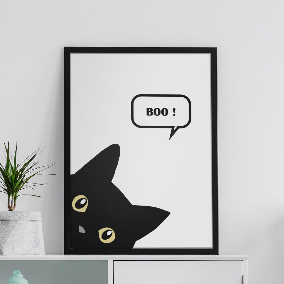 Black Cat Halloween Wall Art Cute Spooky Boo Print Talking Poster Funny Gothic Holiday Decor Framed Or Unframed Artwork