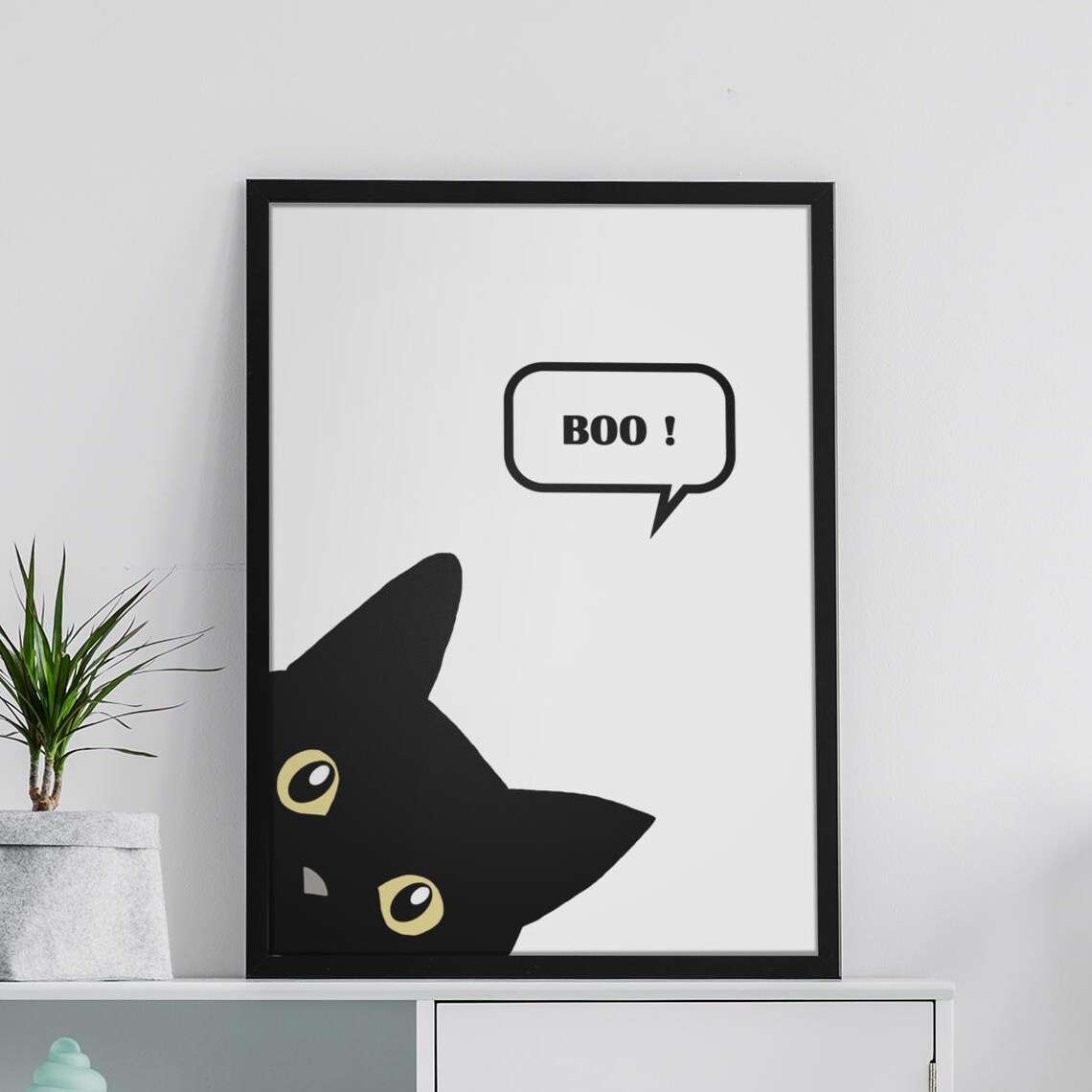 Peeking Black Cat Says Boo Cute Halloween Gothic Cat Wall Poster