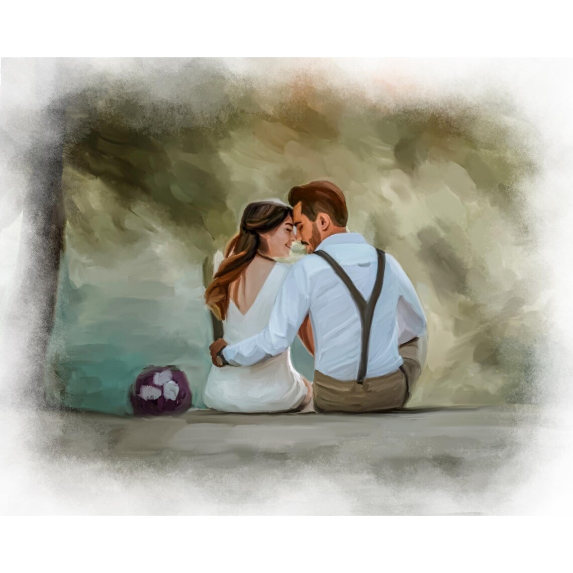 Mature Couple Tender Forehead Kiss in Blue Suit Watercolor Poster - Image 4