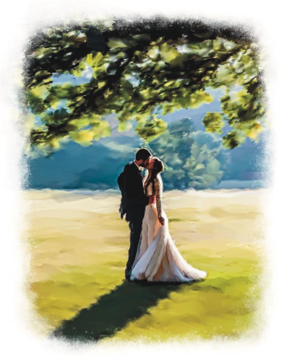 Wedding Couple Kissing Under Sunlit Tree in Golden Meadow Watercolor Poster