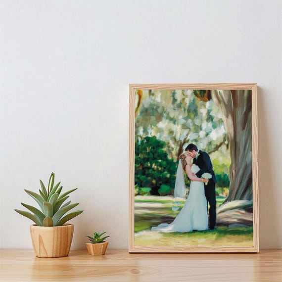 Custom Watercolor Wedding Painting Couple Kiss Oak Tree Gift Poster