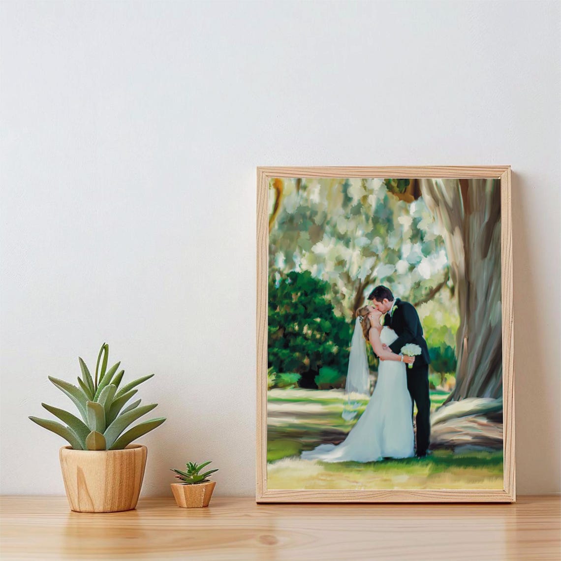 Custom Watercolor Wedding Painting Couple Kiss Oak Tree Gift Poster