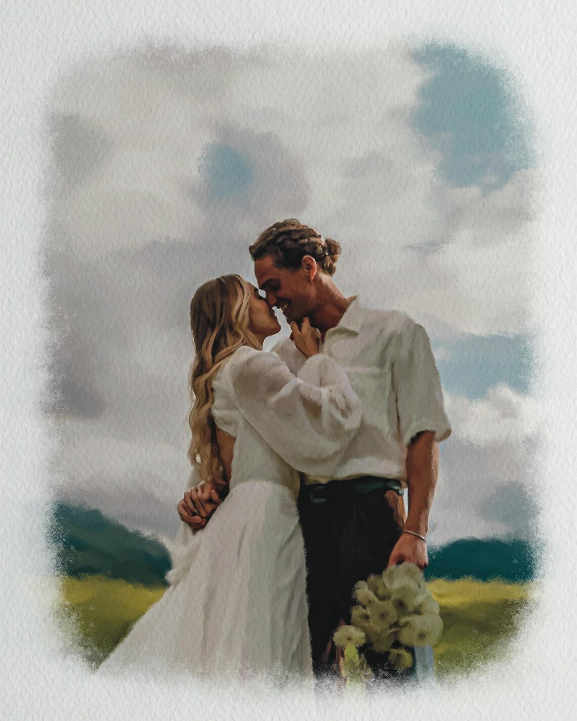 Romantic Newlyweds Kissing in Stone Church Doorway Painting Poster - Image 3