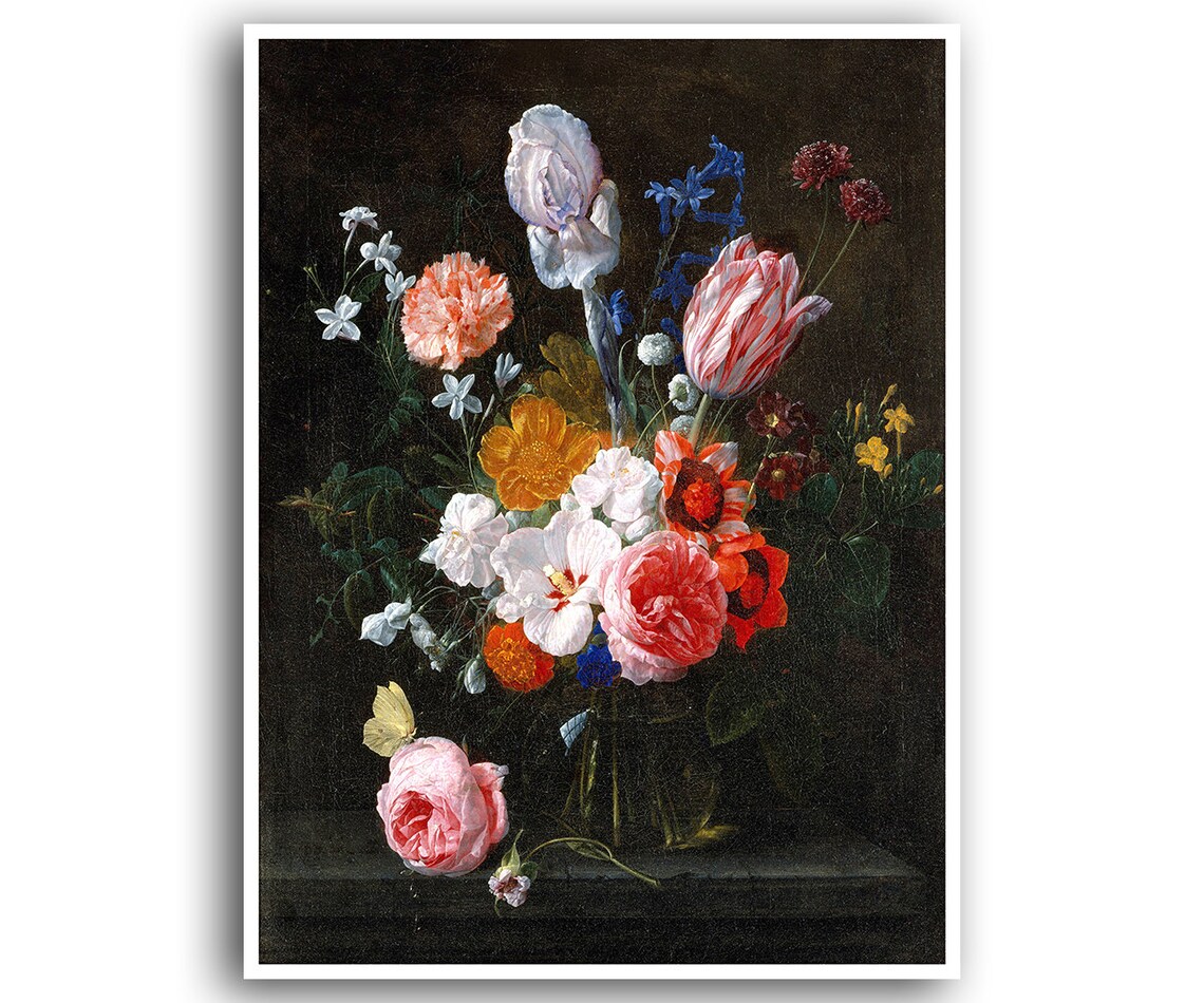 Dutch Master Floral Still Life Roses Tulips Dark Oil Painting Poster