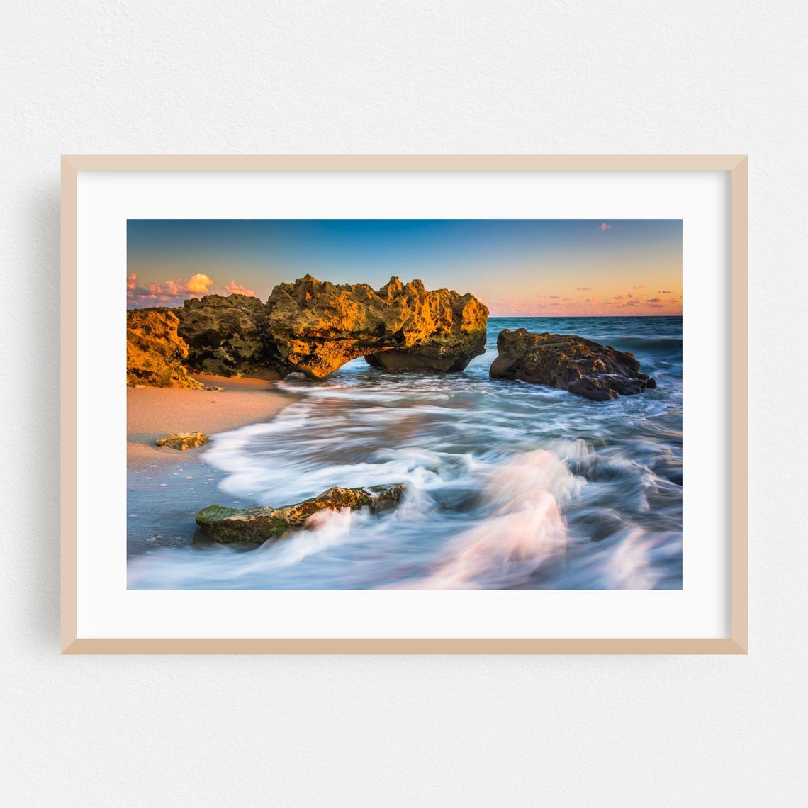 Florida Rocky Shoreline Sunset With Waves And Sea Rocks Poster
