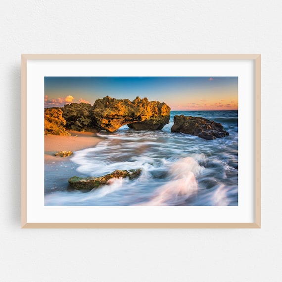 Florida Rocky Shoreline Sunset With Waves And Sea Rocks Poster