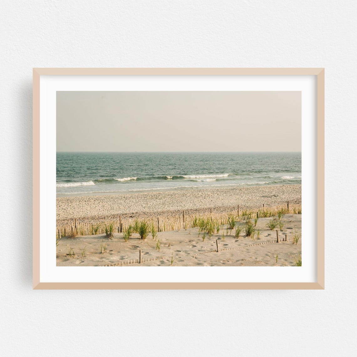Serene Sandy Beach With Dune Fence Rolling Ocean Waves Summer Poster