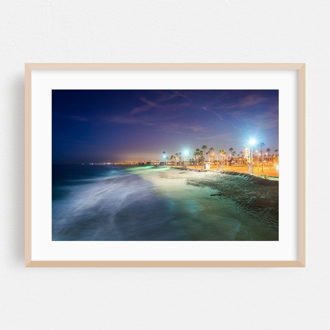 Newport Beach Night Photography Palm Lined Ocean Shoreline Print