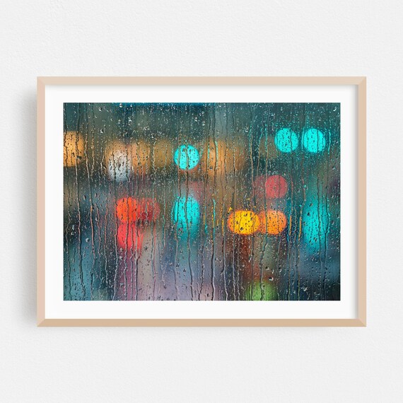 Rainy Window Teal City Lights Bokeh Night Photography Poster