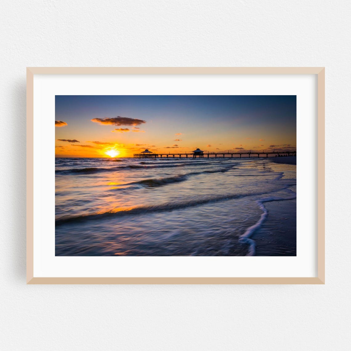 Beach Sunset Pier Golden Waves Ocean Coastal Scenic View Poster
