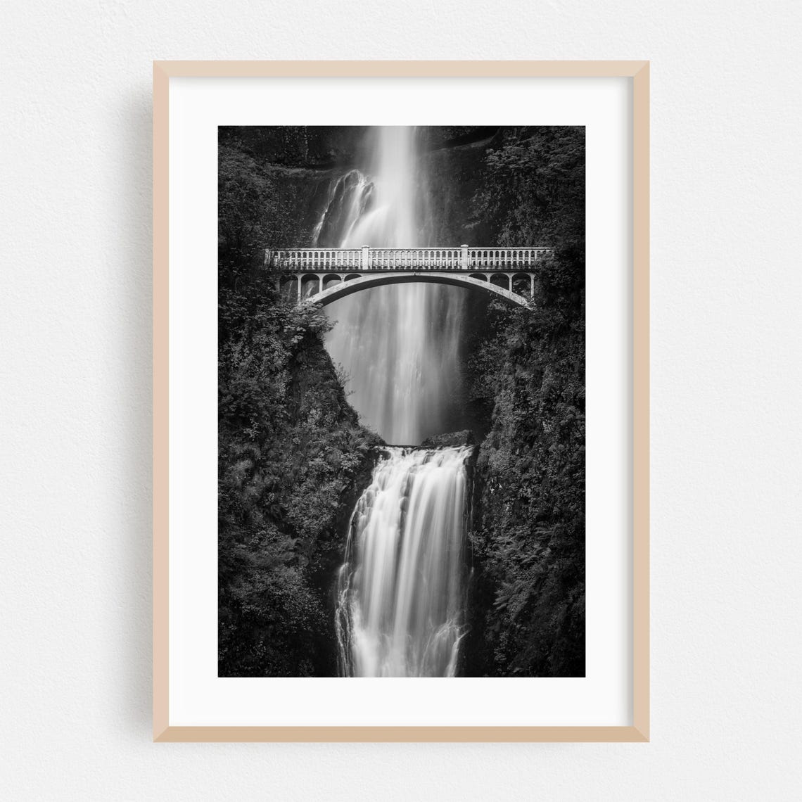 Multnomah Falls Oregon Black and White Waterfall Bridge Poster