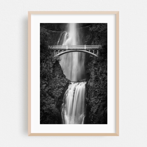 Multnomah Falls Oregon Black and White Waterfall Bridge Poster