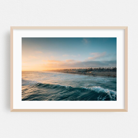 Huntington Beach California Sunset Waves Rolling Over Ocean Shoreline Poster