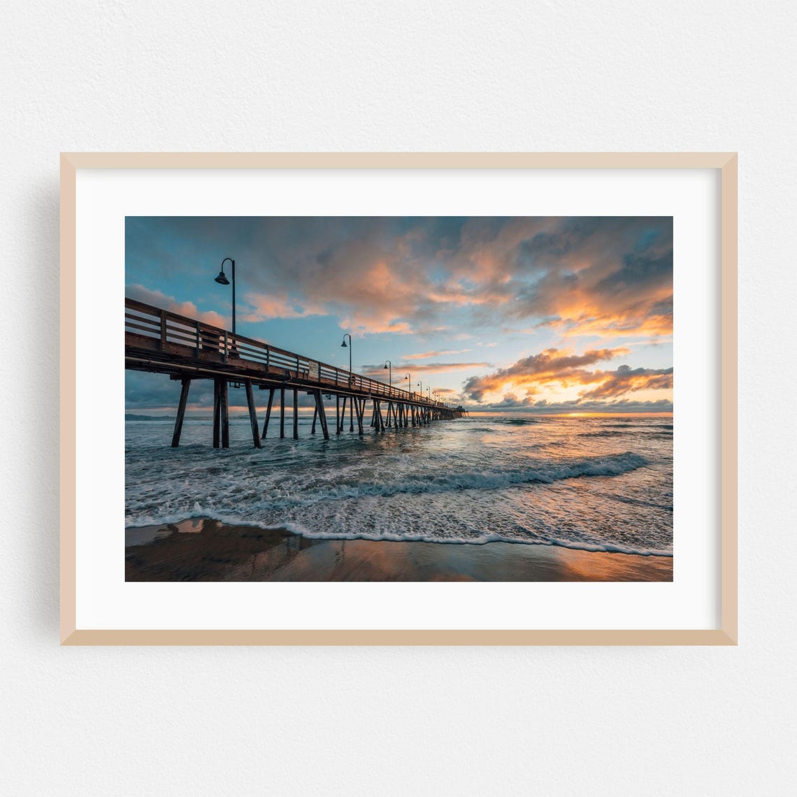 Imperial Beach Pier Glowing at Sunset Over Ocean Waves Poster