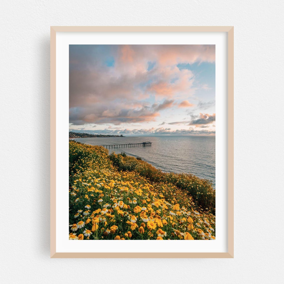 San Diego Wildflower Bluff Coast Poster Overlooking Pier at Sunset