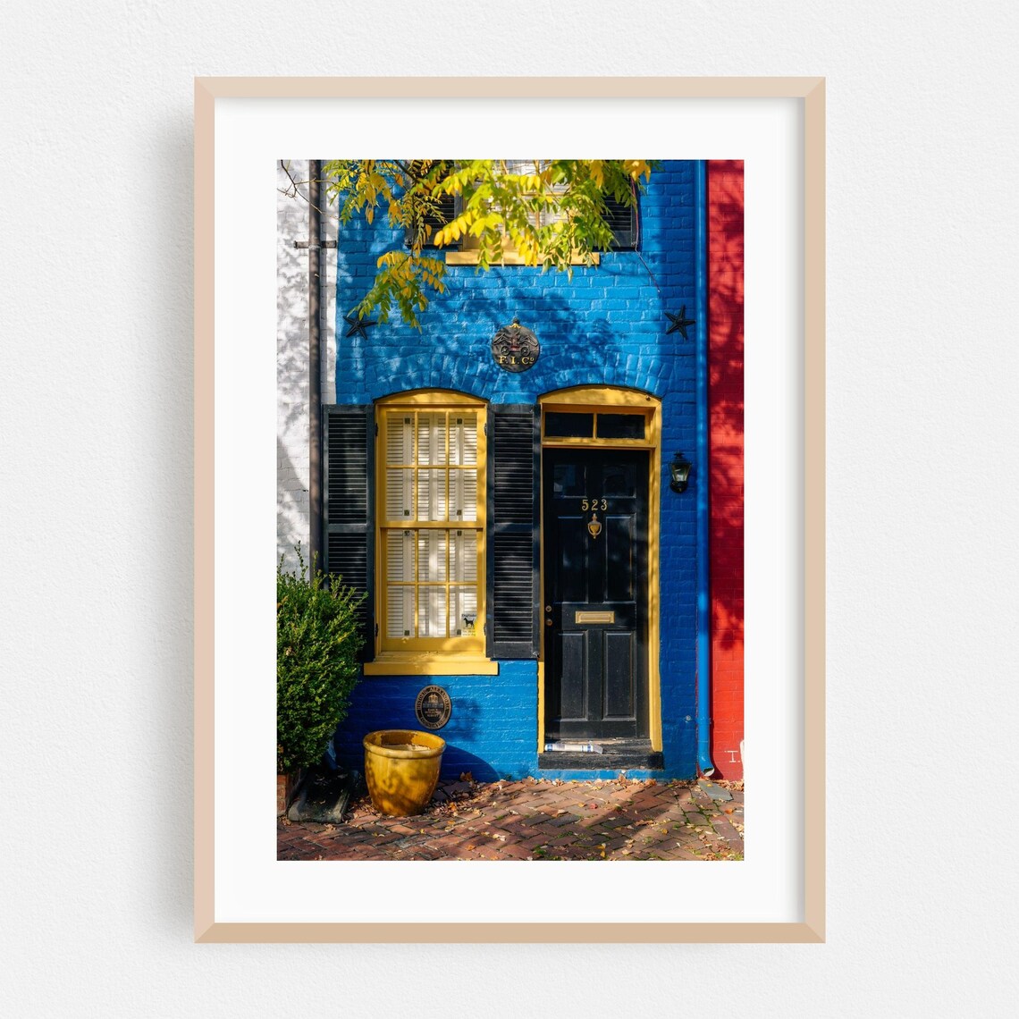 Blue Brick Townhouse Black Door Street Photography City Poster