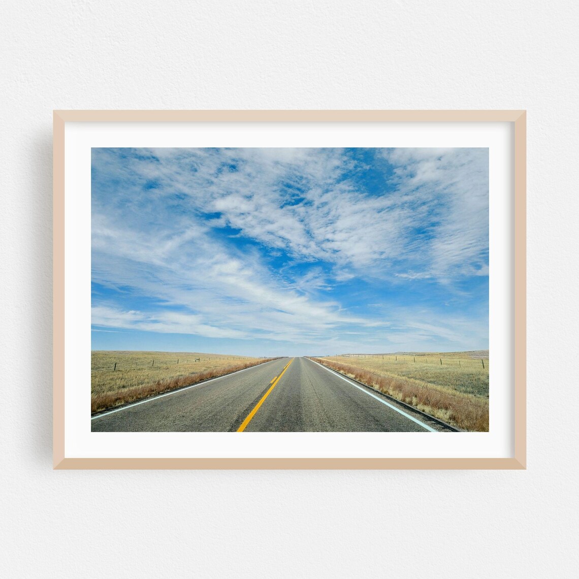 Open Road Through Golden Plains Under Blue Sky Photography Poster