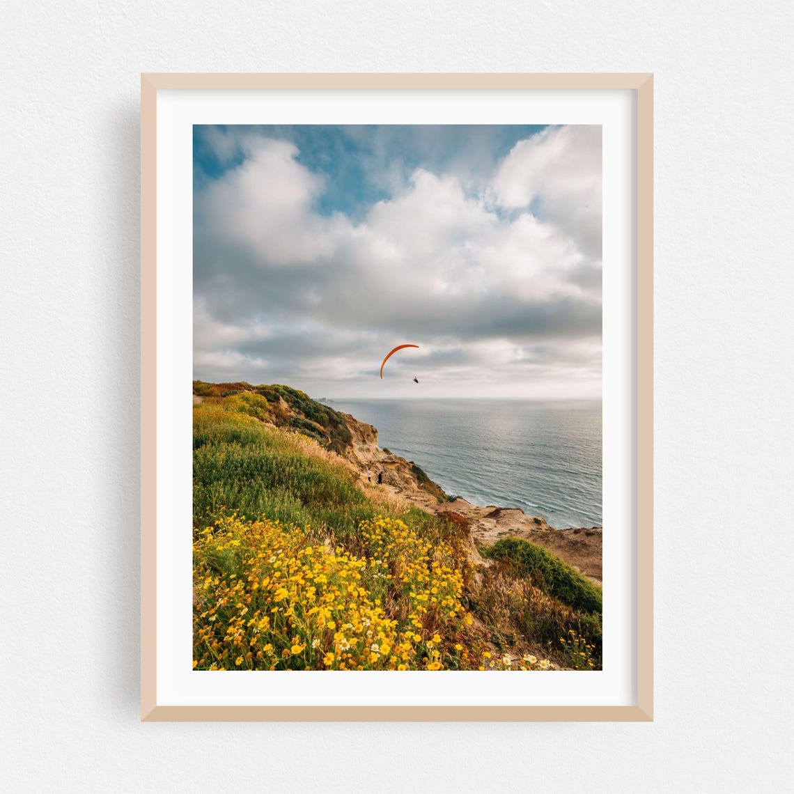 San Diego Paraglider Cliff Poster with Yellow Wildflowers Overlook