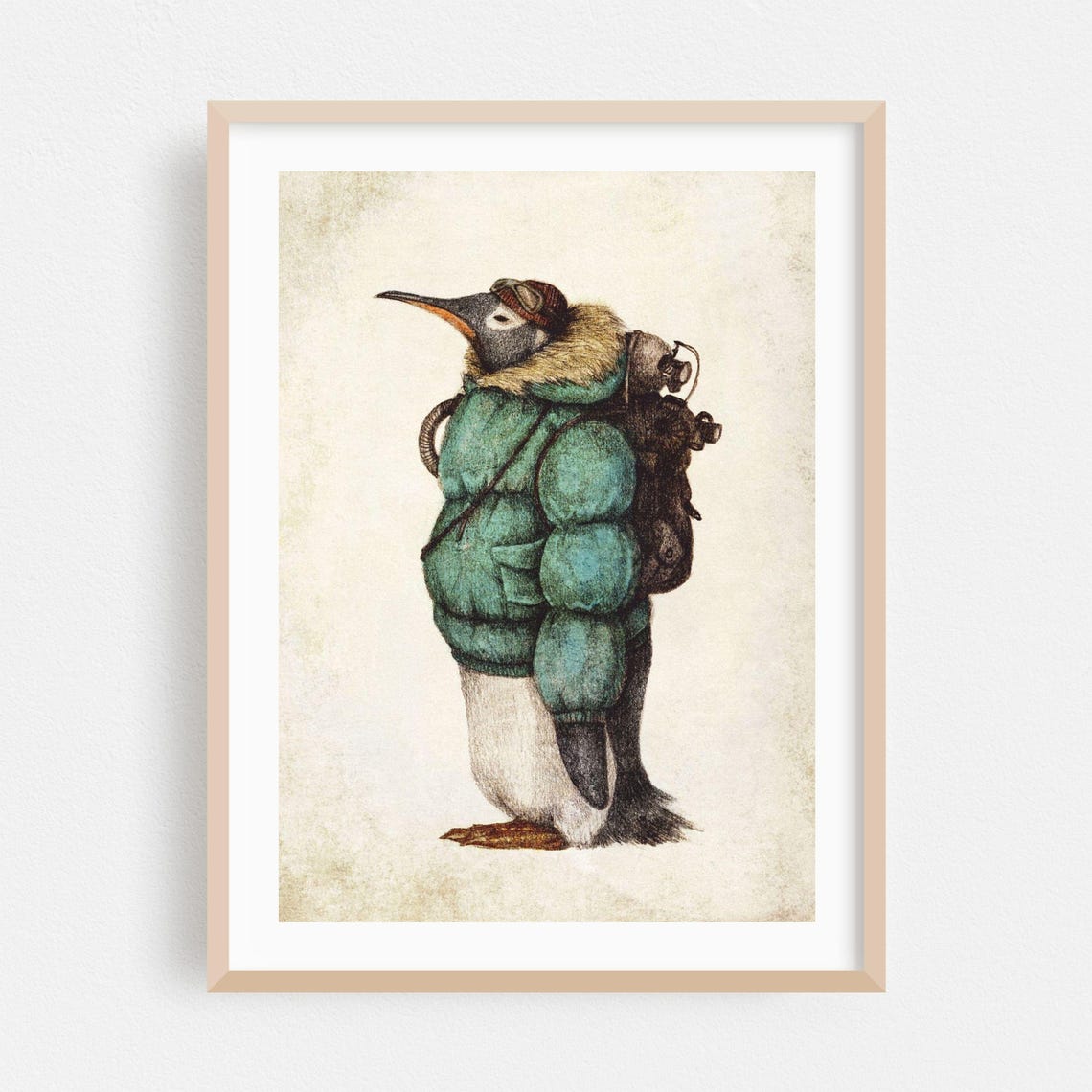 Penguin Explorer Puffer Jacket Aviator Hat Funny Animal Poster