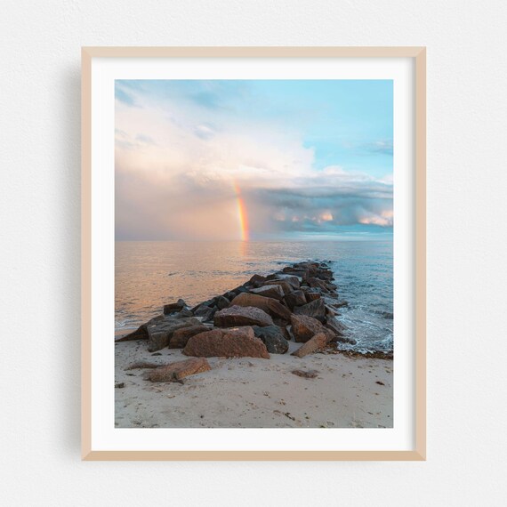 Rainbow Over Cape Cod Beach Ocean With Rocky Jetty Photo Poster