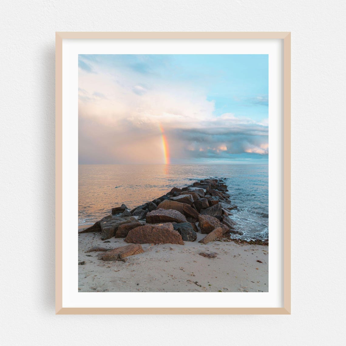 Rainbow Over Cape Cod Beach Ocean With Rocky Jetty Photo Poster