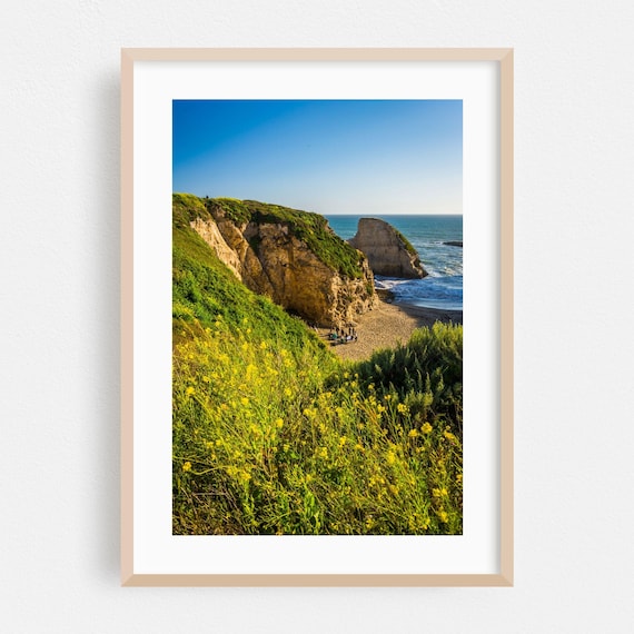 Santa Cruz California Cliffs Yellow Wildflowers Beach Seascape Photo Poster