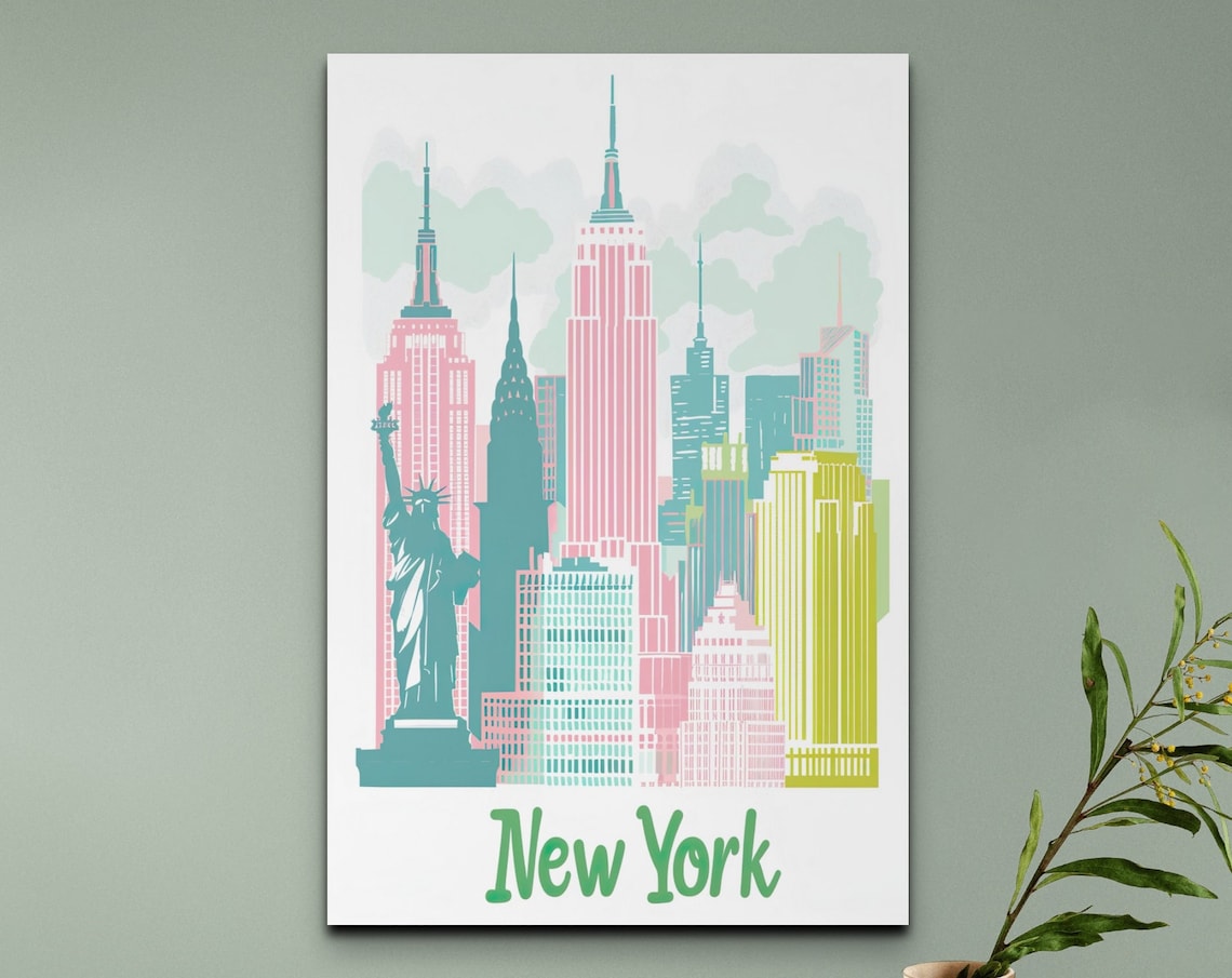 New York Skyline Colorful Skyscraper Landmark Travel Art Poster