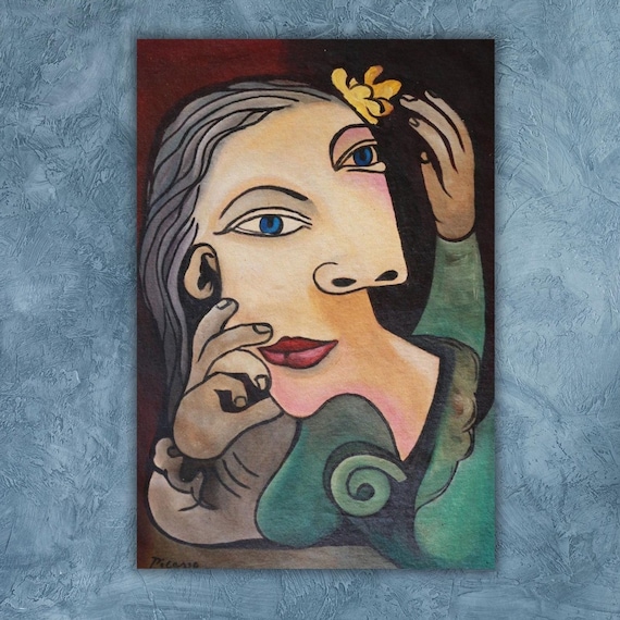 Pablo Picasso Cubist Woman Portrait Green Dress Red Background Poster